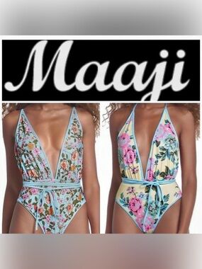 Maaji Reversible Smooth Skies Safari Plunge One-Piece Swimsuit Floral NWT Size L